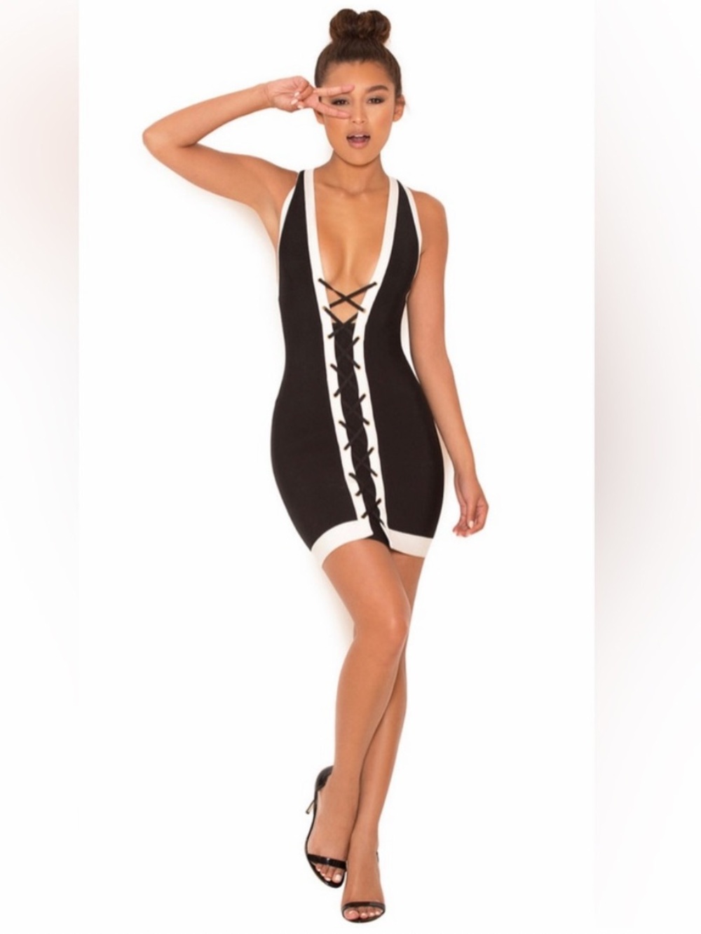 Mistress Rocks Black & White Lace-Up Bodycon Dress S
